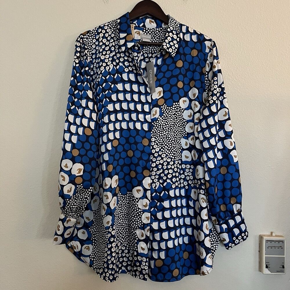 Chico's Long Sleeve Hidden Button Up Collared Blue Mixed Media Blouse SZ 2 L